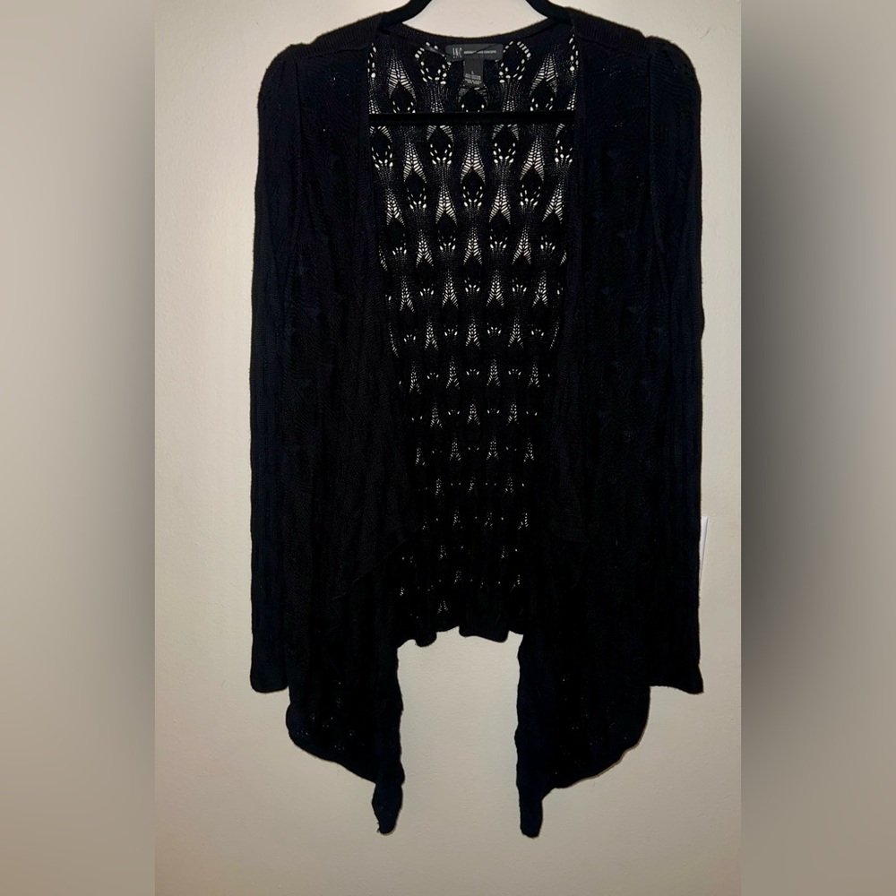 INC Open Front Cardigan Sweater Women's Size Large  Black Scalloped Front